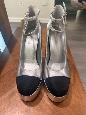 Steve Madden Silver Platform Pumps with Black Cap Toe and Double Ankle Straps